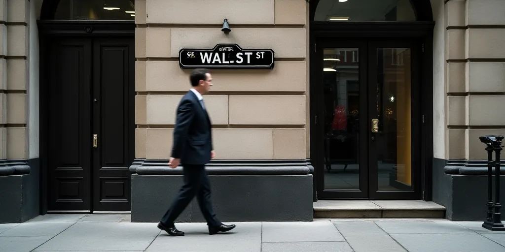 a man in a suit walks past a wall street sign on a building in new york city, ny, Andries Stock, mit