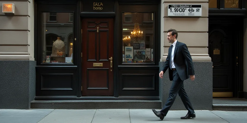 a man in a suit walks past a wall street sign on a building in new york city, ny, Andries Stock, mit
