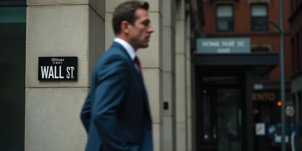 a man in a suit walks past a wall street sign on a building in new york city, new york, Andries Stoc