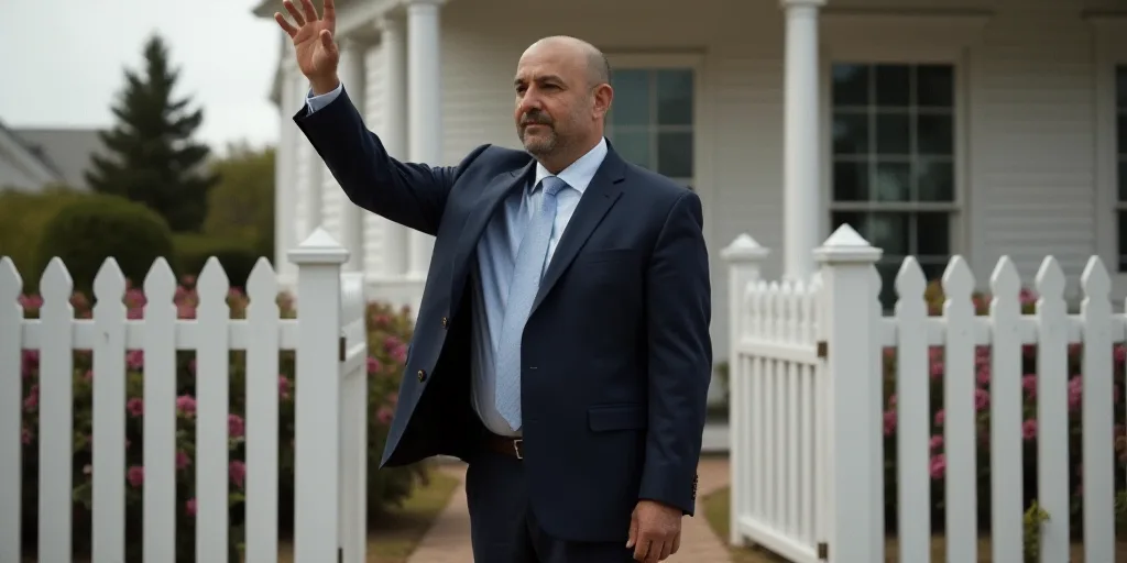 a man in a suit waves to the crowd outside a building with a white fence and a white picket fence, A