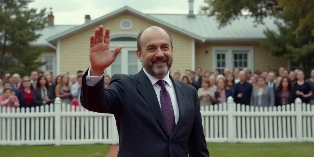 a man in a suit waves to the crowd outside a building with a white fence and a white picket fence, A