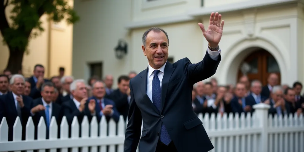 a man in a suit waves to the crowd outside a building with a white fence and a white picket fence, A