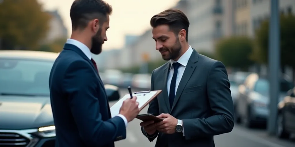a man in a suit writing on a clipboard next to a car and another man in a suit, Dahlov Ipcar, profes