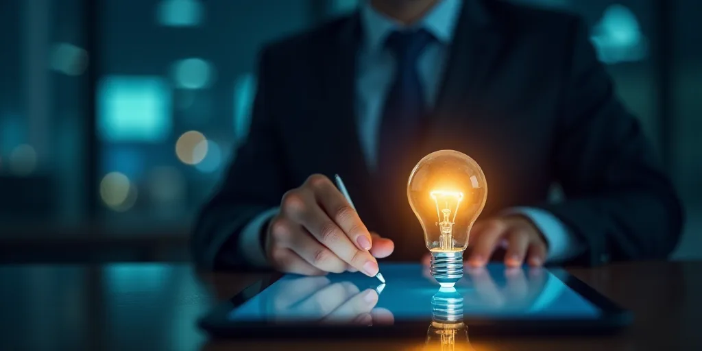 a man in a suit writing on a touch screen with a pen and a light bulb in the background, Andries Sto