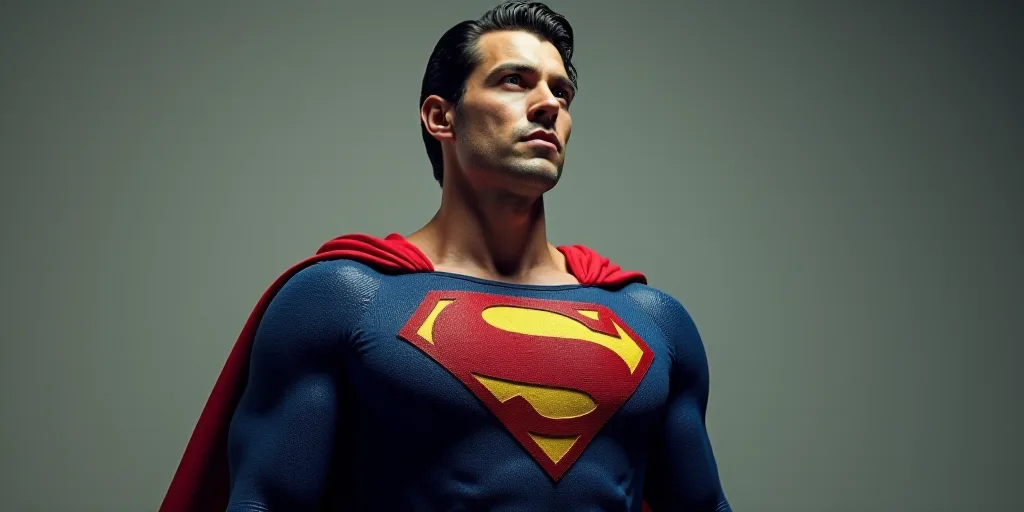 a man in a superman suit with a red cape on his shoulders and a blue shirt on his chest, Clark Voorh