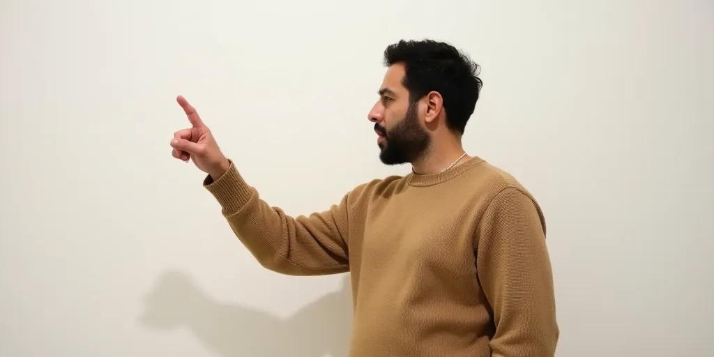 a man in a tan sweater pointing at something with a finger in his hand and a white wall behind him,