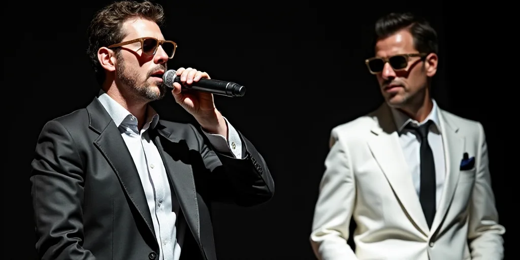 a man in a tie and sunglasses sings into a microphone while another man in a white jacket and tie st