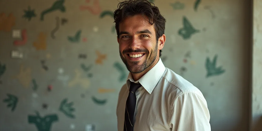 a man in a tie is smiling for the camera with a caption in spanish above him that reads, enrique cam