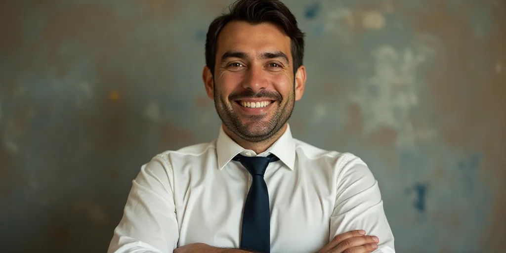 a man in a tie is smiling for the camera with a caption in spanish above him that reads, enrique cam