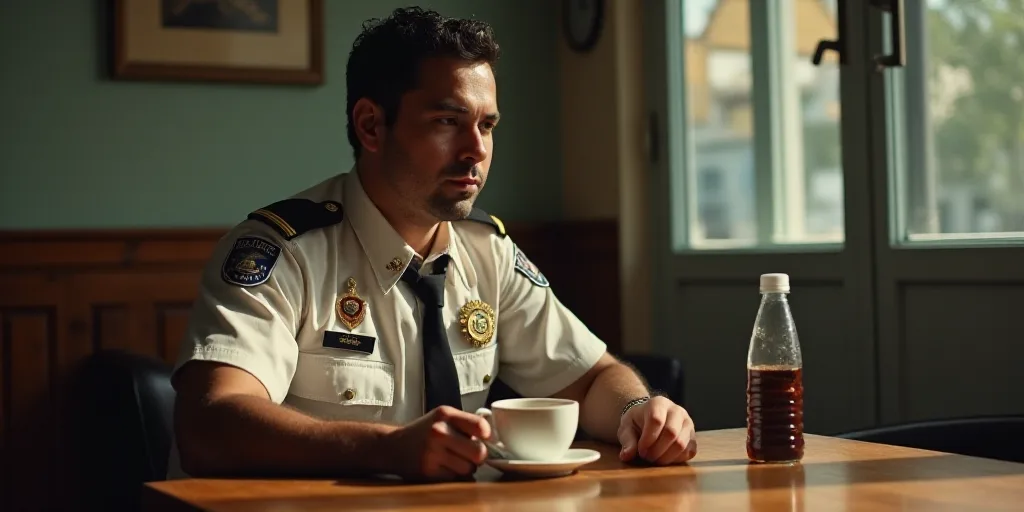 a man in a uniform sitting at a table with a cup of coffee in front of him and a bottle of water in