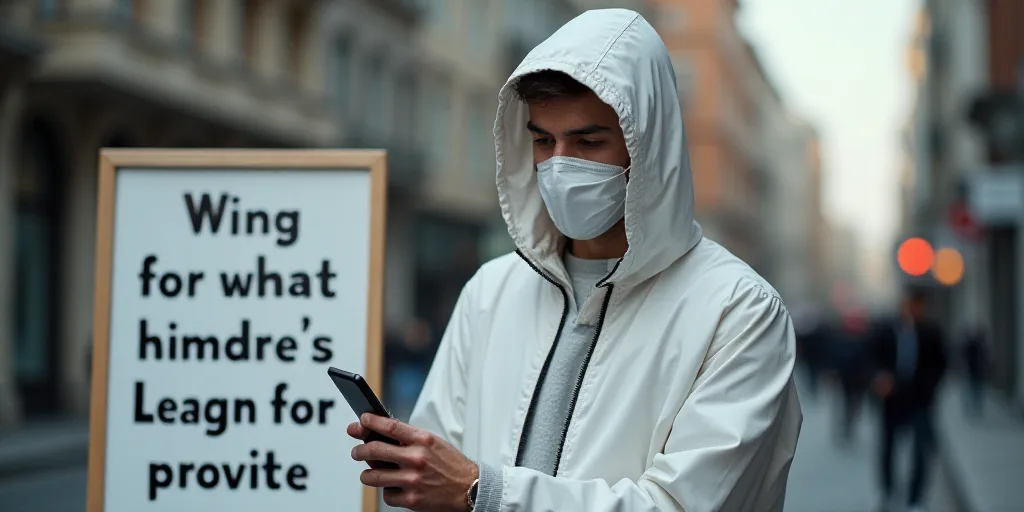 a man in a white jacket and a mask on a cell phone and a sign with a message on it, Aquirax Uno, thi