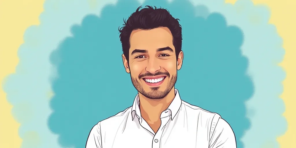 a man in a white shirt is smiling for a picture with a blue background and a yellow border around hi