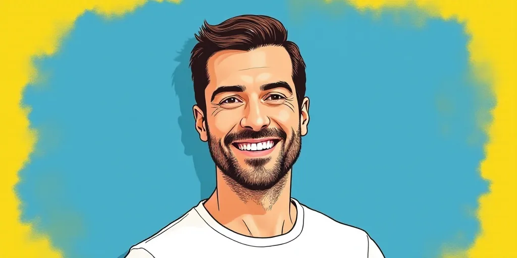 a man in a white shirt is smiling for a picture with a blue background and a yellow border around hi