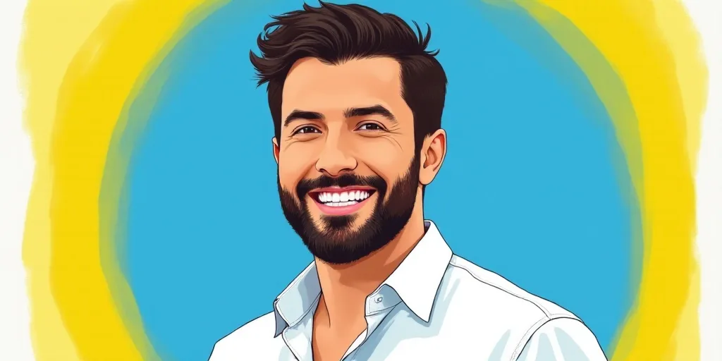 a man in a white shirt is smiling for a picture with a blue background and a yellow border around hi