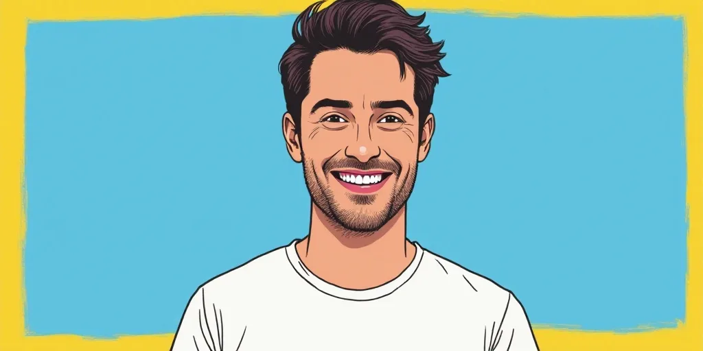 a man in a white shirt is smiling for a picture with a blue background and a yellow border around hi