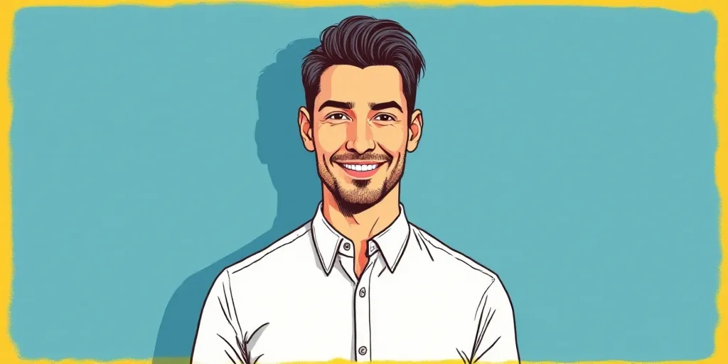 a man in a white shirt is smiling for a picture with a blue background and a yellow border around hi