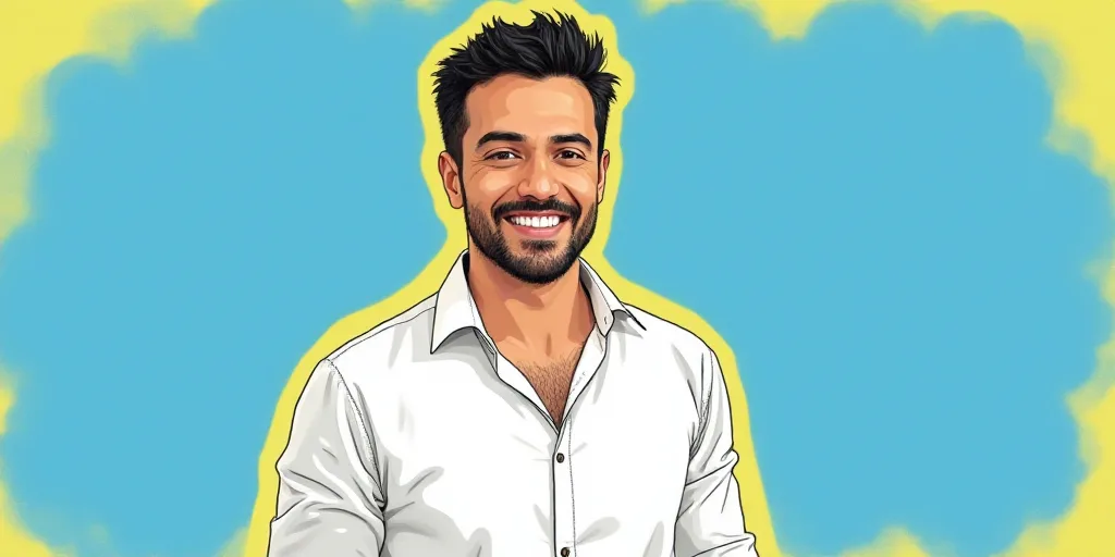 a man in a white shirt is smiling for a picture with a blue background and a yellow border around hi