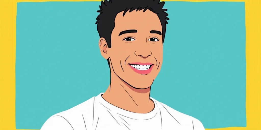 a man in a white shirt is smiling for a picture with a blue background and a yellow border around hi