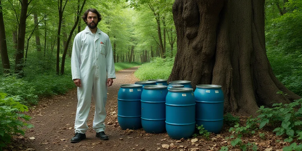 a man in a white suit is standing near a tree and several barrels of water in the woods and dirt, Aq