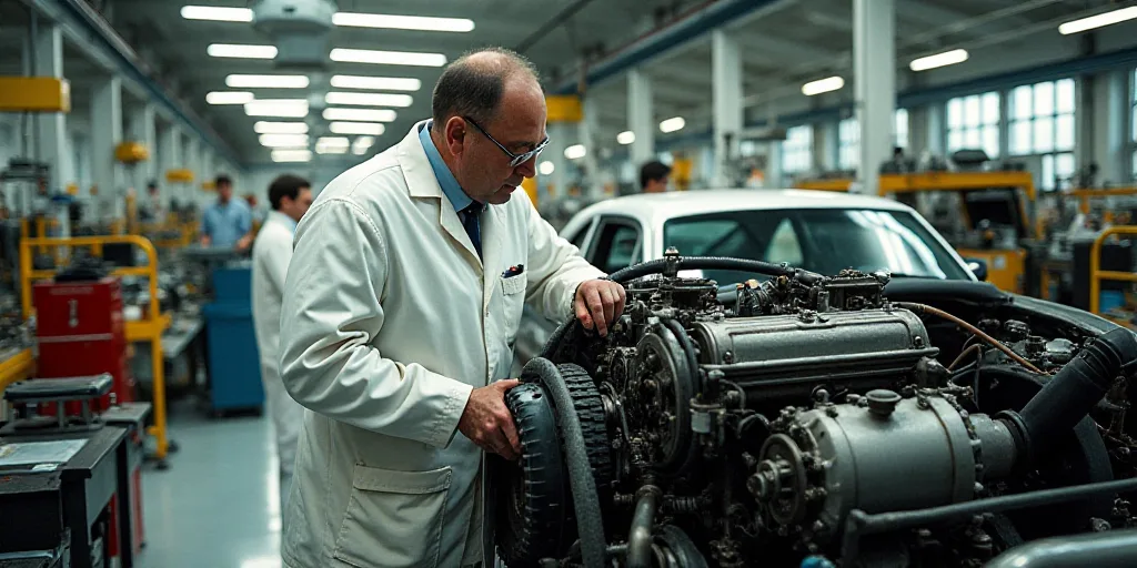 a man in a white suit working on a car engine in a factory with other workers nearby and a machine i