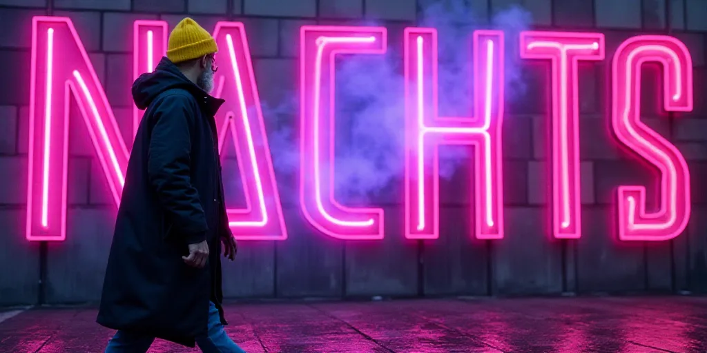 a man in a yellow hat and a black jacket is walking past a large sign with a purple and pink design,