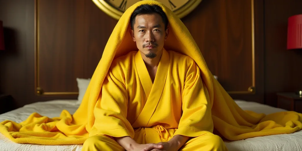 a man in a yellow robe sitting on a bed with a yellow blanket on it's head and a gold clock in the b