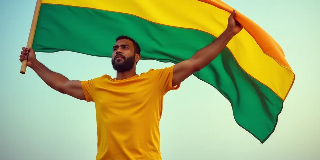 a man in a yellow shirt holding a flag and a green and yellow flag in the air with his hands up, Ame
