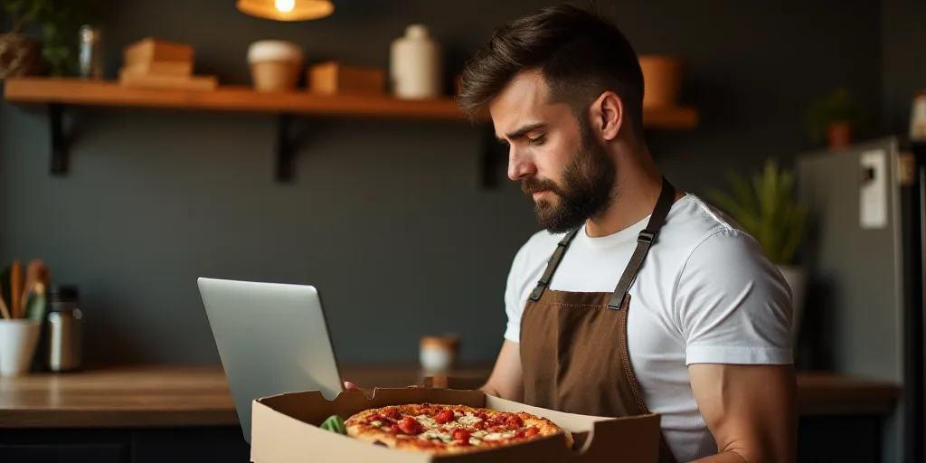 a man in an apron is looking at a laptop computer and holding a box with a pizza on it, Abidin Dino,