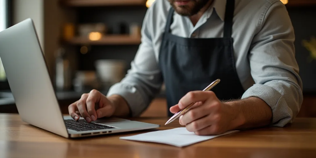 a man in an apron is working on a laptop computer and holding a pen and paper in his hand, Arlington