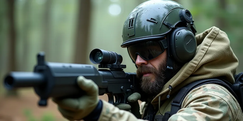 a man in camouflage holding a gun and a camera in his hand while wearing a helmet and gloves with a