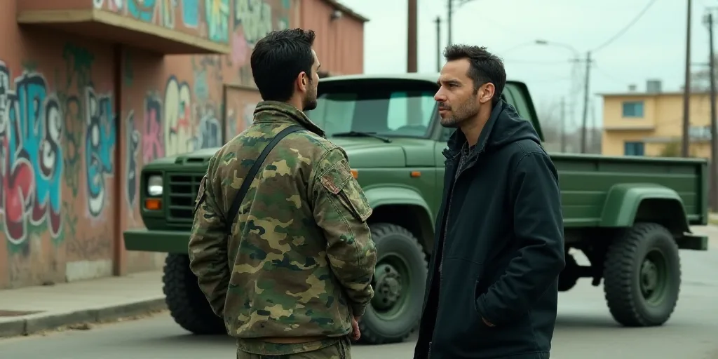 a man in camouflage standing next to a green truck on a street with graffiti on the walls and a man