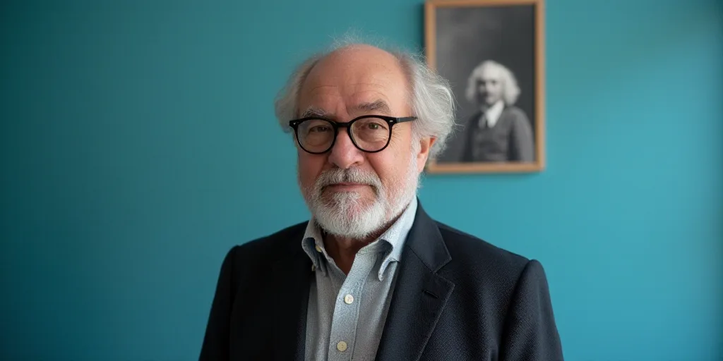 a man in glasses is standing in front of a blue background with a black and white photo of him, Edwa