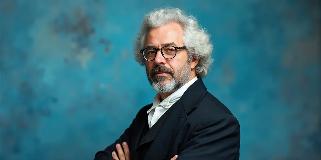 a man in glasses is standing in front of a blue background with a black and white photo of him, Edwa