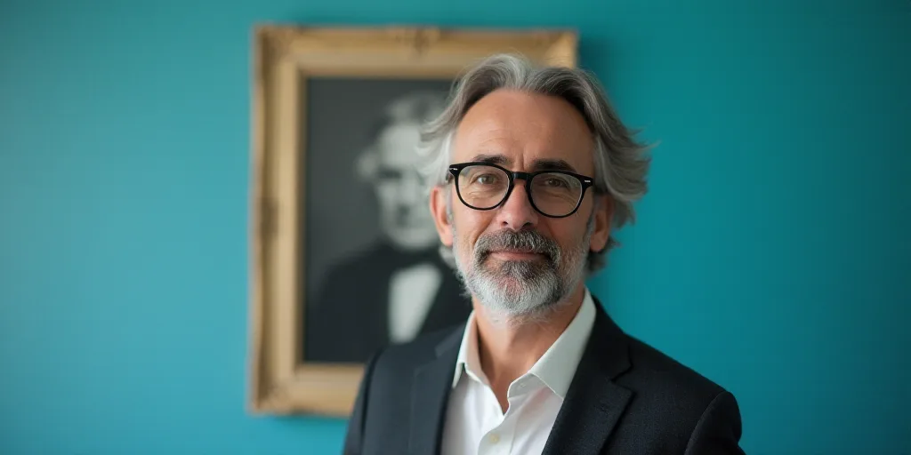 a man in glasses is standing in front of a blue background with a black and white photo of him, Edwa