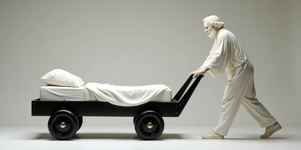 a man in white pants and a white shirt is pushing a bed with a sheet on it and a black cart, Christo