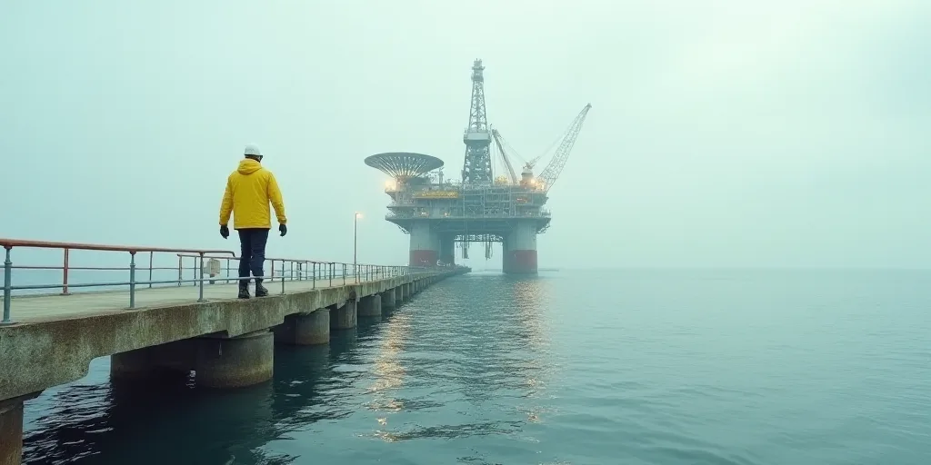 a man in yellow is walking on a bridge over the water with a large oil rig in the background, Consta