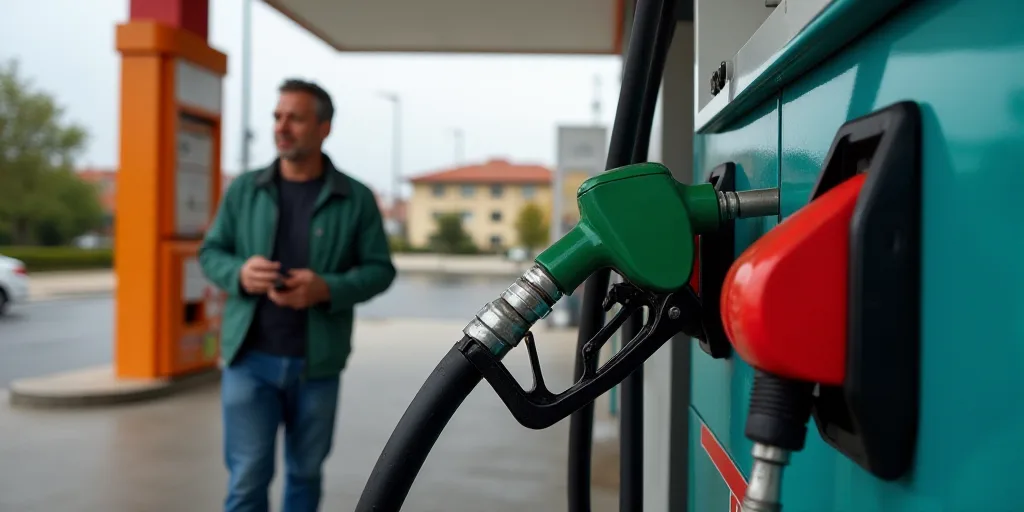 a man is filling up a gas pump at a gas station with a gas pump attendant in the background, Ceferí