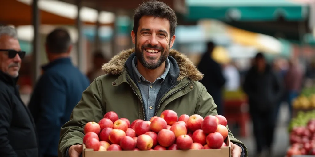 a man is holding a box of apples in a market with other people looking on and smiling at the camera,