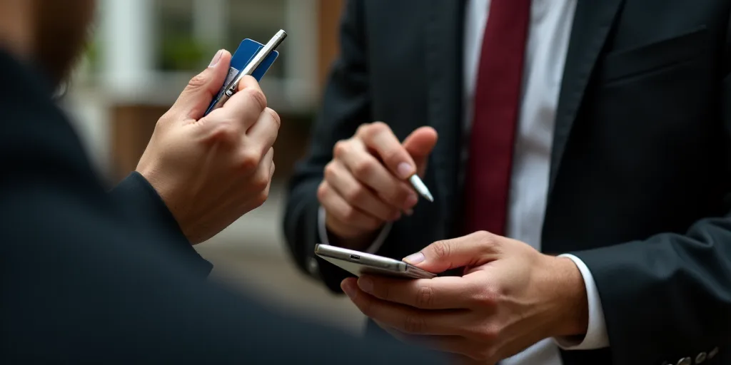 a man is holding a credit card and a cell phone in his hand while another man is holding a pen and a
