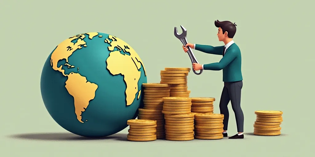 a man is holding a wrench and a stack of coins in front of a globe with a dollar sign, Andries Stock