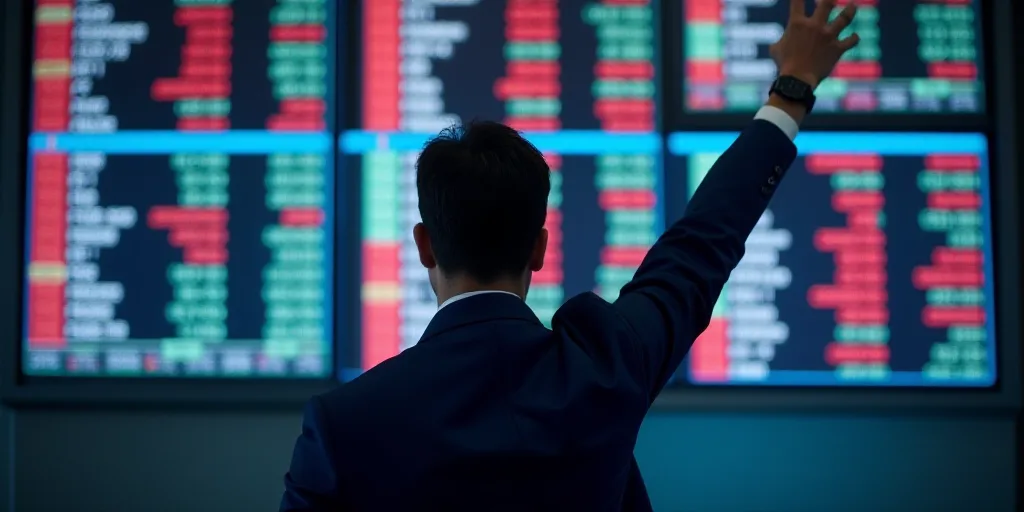 a man is holding his hand up in front of a wall of stock prices on the floor of the new york stock e