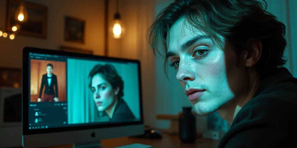 a man is looking at a computer screen with a picture of a woman on it and a man in the background, D