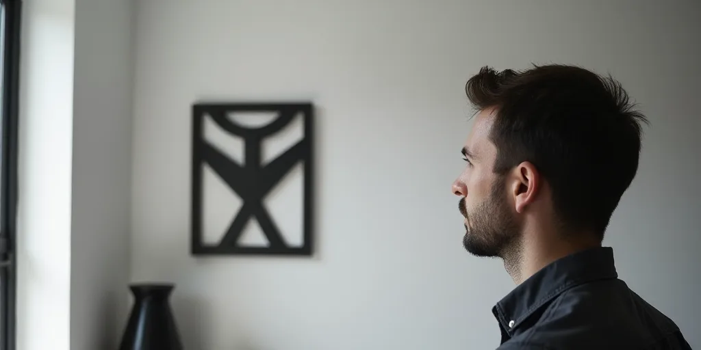 a man is looking at a logo on a wall in a room with a white wall and a black and white wall, Alexey