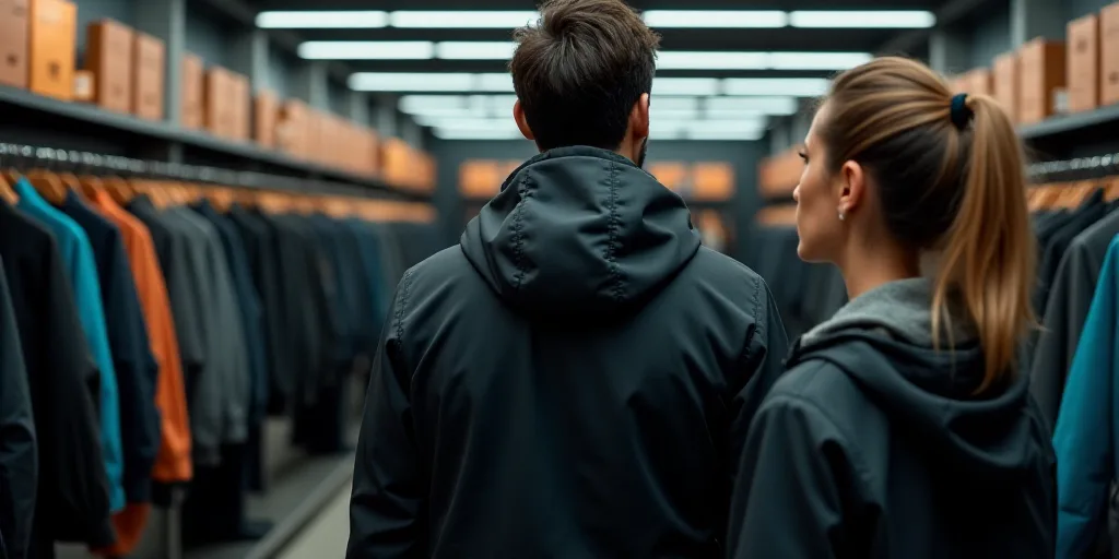 a man is looking at a rack of jackets in a store with a woman standing in front of him, Andries Stoc