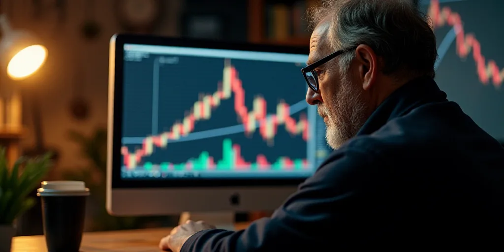 a man is looking at a screen with a stock chart on it and a man is looking at a computer screen, Eli