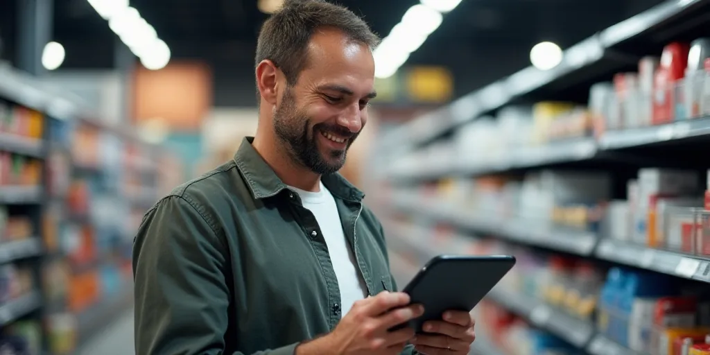 a man is looking at a tablet in a store aisle with a smile on his face and a smile on his face, Doug