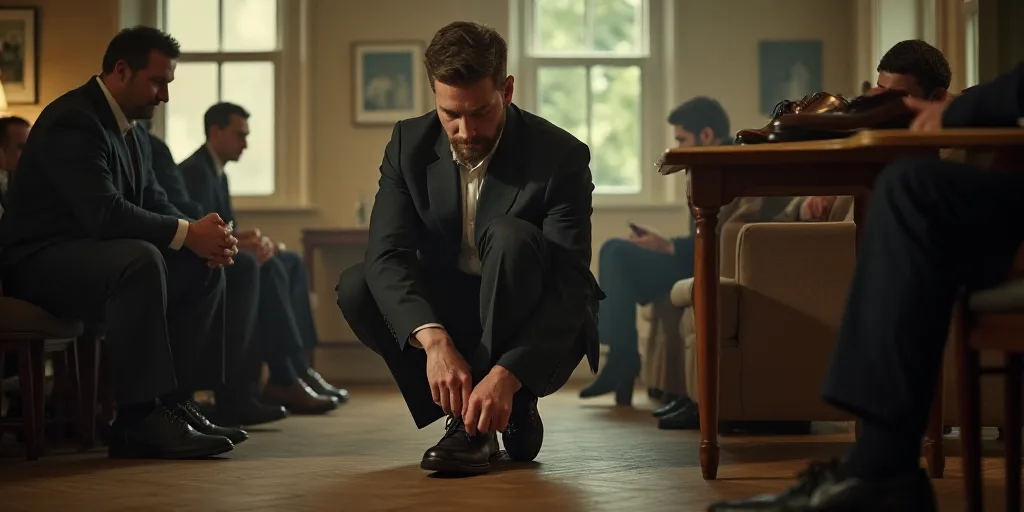 a man is putting on his shoes in a room with other people in the background and a table with a pair