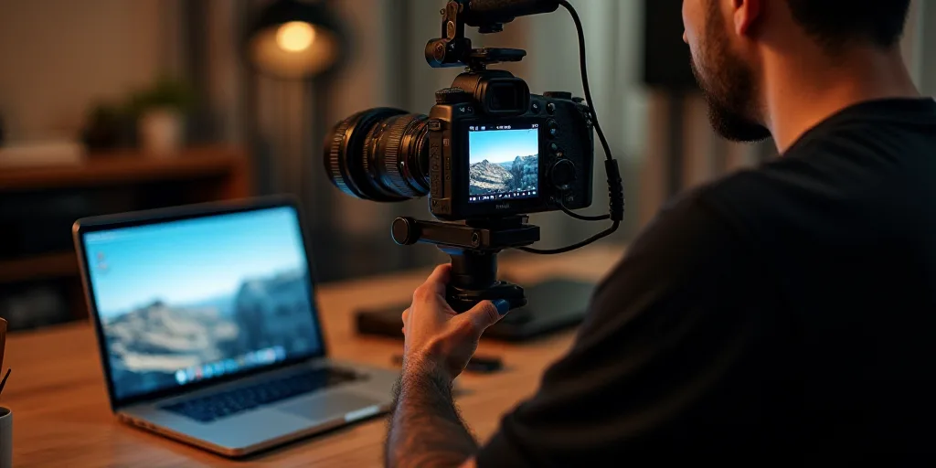a man is recording a video of a camera and a laptop computer on a desk with a microphone and a camer