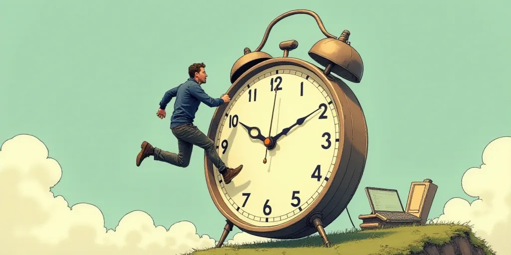 a man is running up the side of a clock to get to work on his phone and get back to work, Évariste