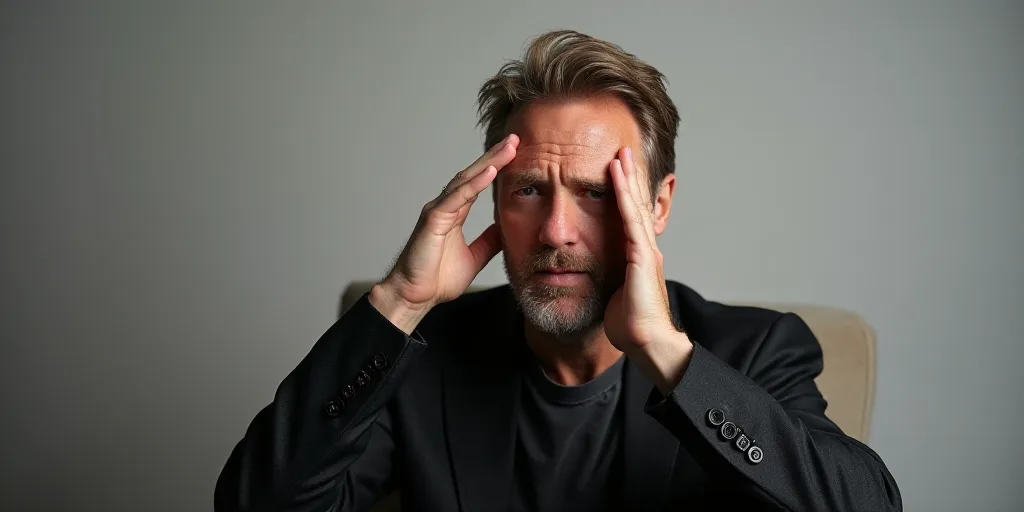 a man is sitting in a chair and gesturing with his hands up to the side of his face and his hand is